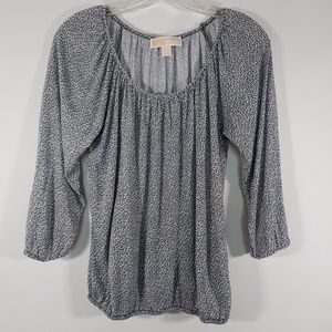 MICHAEL Kors Scoop Neck 3/4 Sleeve Navy Print Pullover Peasant Blouse Petite
